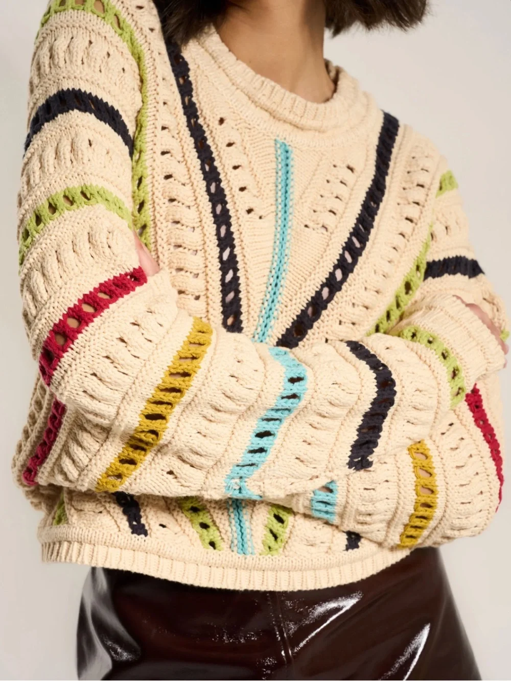 Callahan Cream Open-Knit Crewneck Sweater with Multi Stripes
